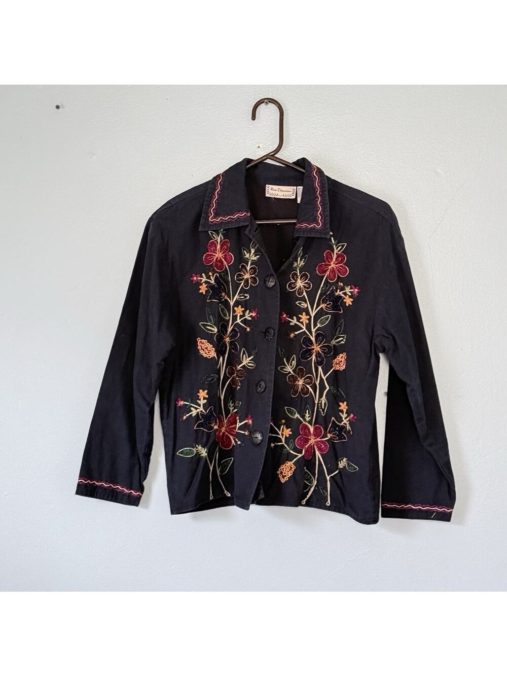 New Direction Jacket Womens Size Small Navy Floral Embroidered Linen Cotton